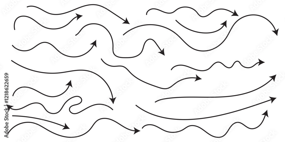 Collection of line arrows. Set simple curved hand drawn arrows. Collection of pointers. hand drawn Arrows icons Set. arrow icon with various directions. Doodle vector illustration. isolated on a white