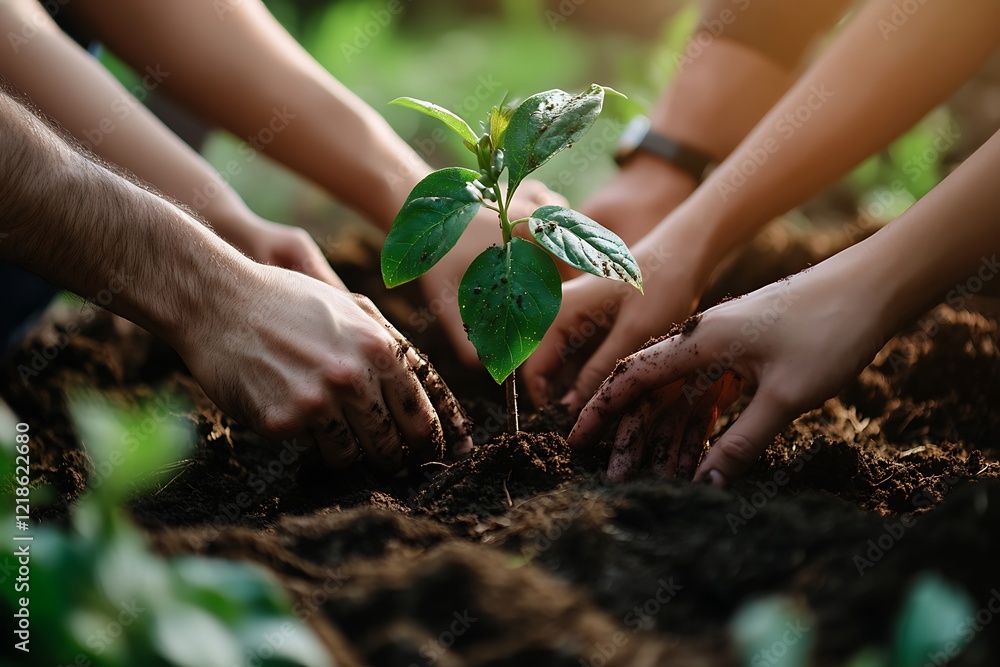 Fototapeta premium Farmers planting young tree in fertile soil at sunset