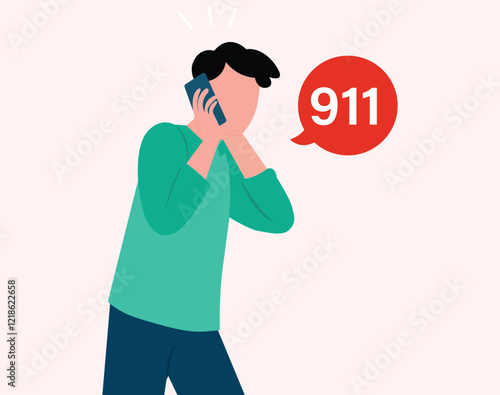 Flat vector man 911 emergency call illustration.