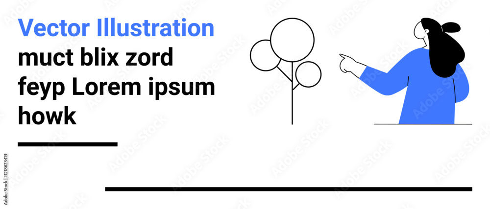 Fototapeta premium Person in blue clothing pointing at a minimalistic tree, accompanied by text and black lines. Ideal for websites, educational materials, presentations, infographics, blogs, digital media