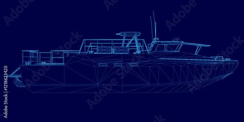 Blue drawing of a boat with a tip. The boat is shown in a very detailed way, with many lines and curves. Scene is one of precision and accuracy, as if the boat is being designed or modeled