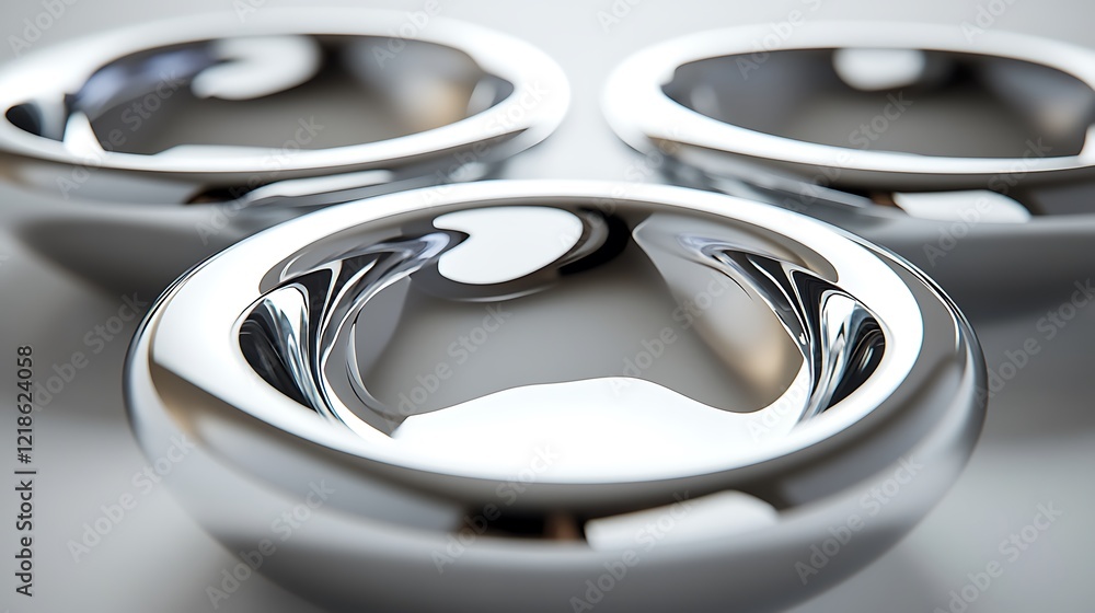 Three Polished Metallic Bowls Reflecting Light Three Polished Metallic Bowls Reflecting Light