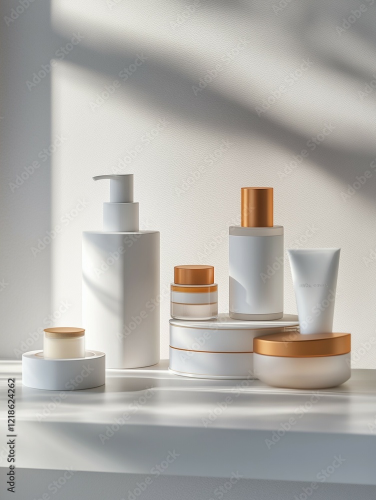 white Blank unbranded cosmetic set on minimalist background for advertisement white Blank unbranded cosmetic set on minimalist background for advertisement