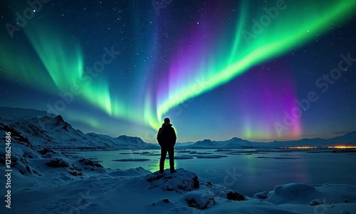 Aurora Borealis Green fluor Northern Lights and silhouette man watching. Winter landscape with polar weather in Arctic, Norway,Canada,Finland,Iceland, Sweden. Starry night sky scenery background 4k
