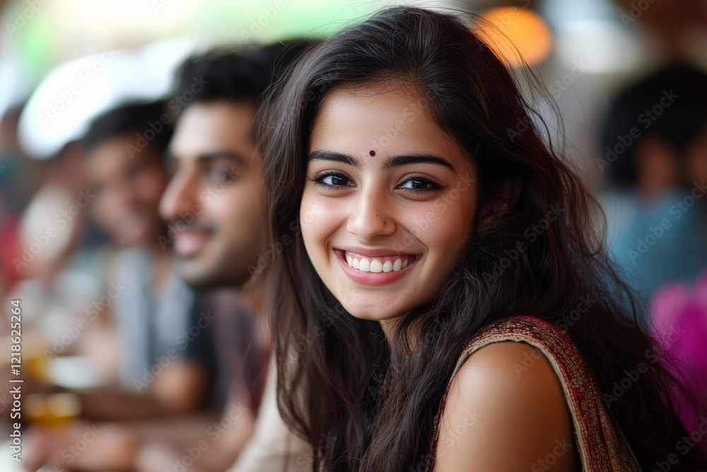 Fototapeta premium Smiling young woman enjoying conversation with friends at a lively outdoor cafe