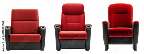 Three red theater chairs isolated on a transparent background for design use