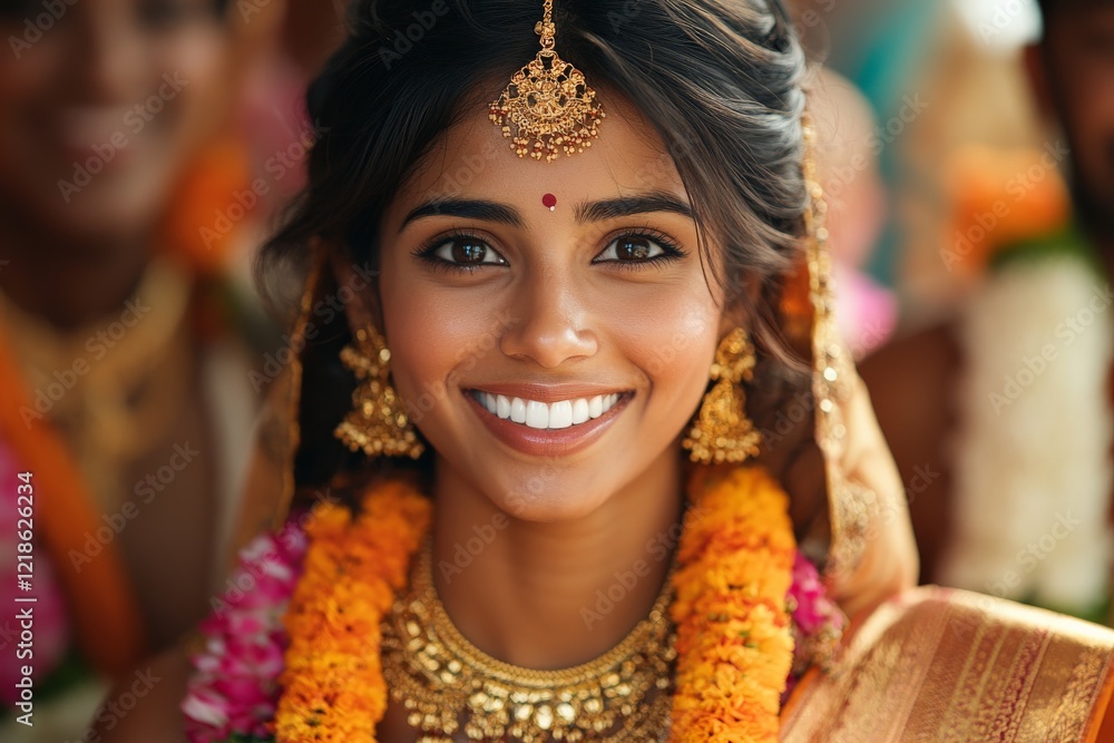 Fototapeta premium Portrait of a smiling woman adorned in traditional attire celebrating at a vibrant cultural event