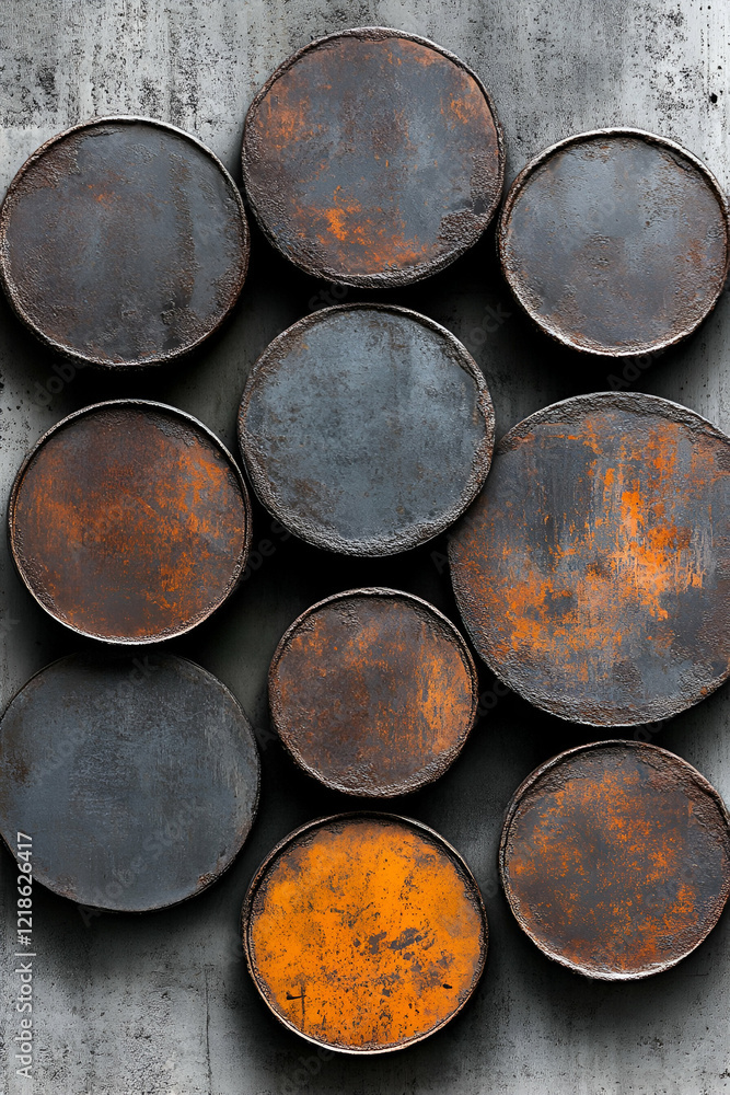 A collection of rustic, circular metal plates with varying textures and colors, arranged aesthetically against a textured background. A collection of rustic, circular metal plates with varying textures and colors, arranged aesthetically against a textured background.