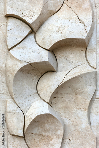 A textured stone wall featuring abstract, curved shapes that create a dynamic, three-dimensional appearance.