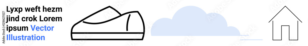 Simple black shoe outline, blue cloud shape, minimalist house, and text elements. Ideal for modern design, minimalism, fashion, lifestyle, architecture, social media, graphic design. Landing page Simple black shoe outline, blue cloud shape, minimalist house, and text elements. Ideal for modern design, minimalism, fashion, lifestyle, architecture, social media, graphic design. Landing page