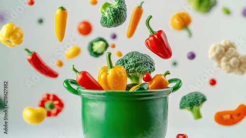 Wallpaper Mural Colorful toy vegetables falling into a green pot, playful kitchen concept, on white background. Torontodigital.ca