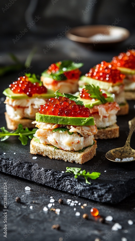 A platter with mini sandwiches with layers of crab meat, avocado slices and red caviar A platter with mini sandwiches with layers of crab meat, avocado slices and red caviar