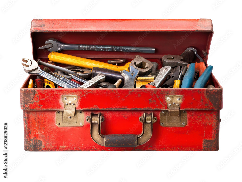 Isolated Open Red Toolbox with Tools