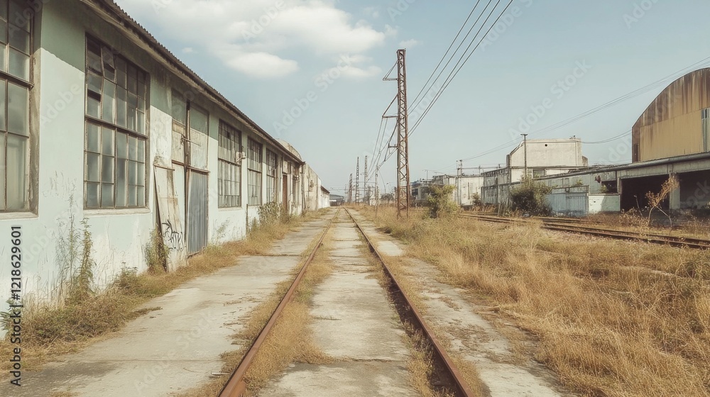Obraz premium Overgrown railway tracks between abandoned industrial buildings on a sunny day.