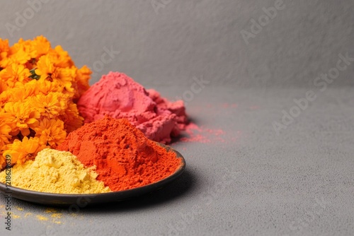 Colorful spices arranged artfully on plate create vibrant culina photo