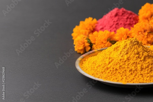 Vibrant spices in vivid colors arranged elegantly with decorativ photo