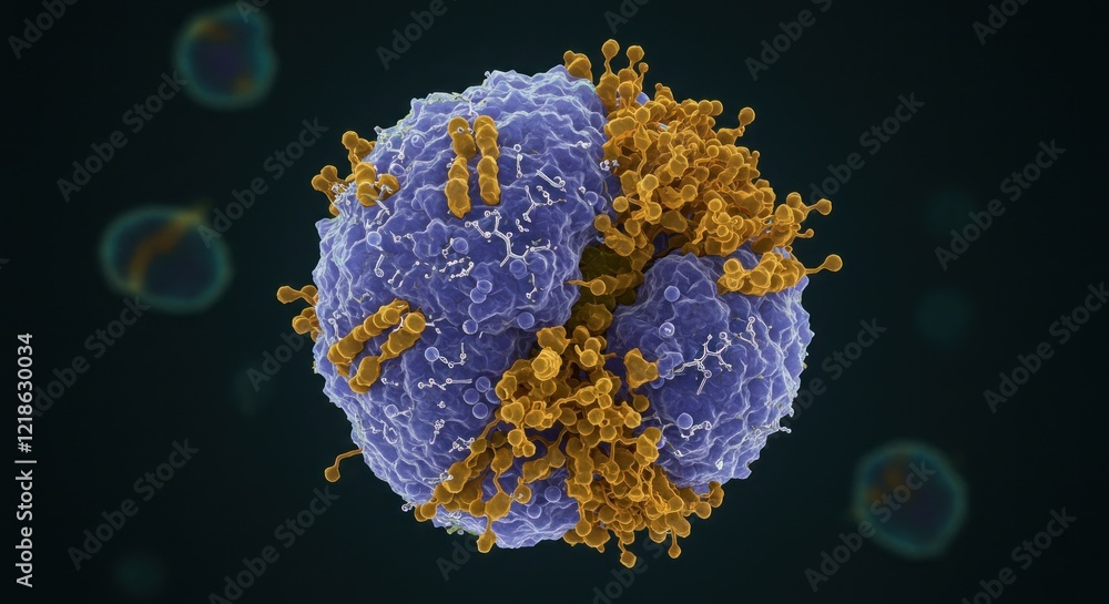 Obraz premium Microscopic Viral Cell: Detailed Purple and Gold Structure