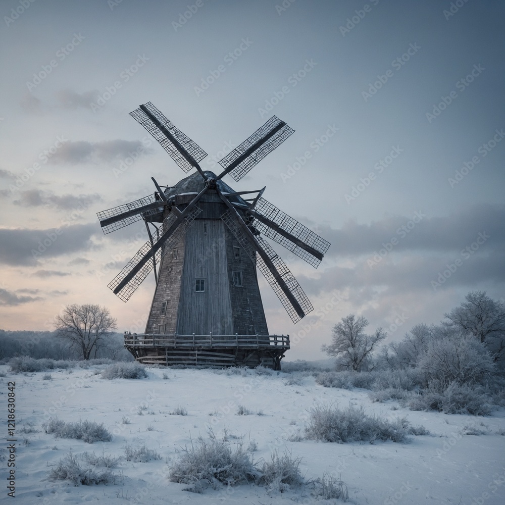 Obraz premium A windmill in a snowy winter landscape, with soft gray and blue tones.