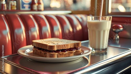 Retro Diner Food: Peanut Butter and Jelly with Milk photo