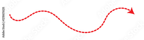 long dotted arrow icon vector illustration. Set of long Red dashed arrows on white background. Dashed lines. Direction, way or pointer. Red hand drawn wavy curve dotted arrow icon vector.