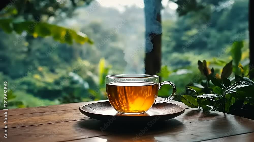 Steaming Cup of Tea on Wooden Table Overlooking Lush Greenery Steaming Cup of Tea on Wooden Table Overlooking Lush Greenery
