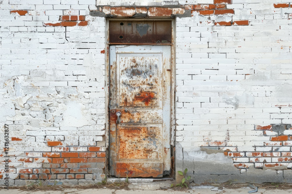 White brick wall with old rustic door in european city. Detailed photo textured background White brick wall with old rustic door in european city. Detailed photo textured background