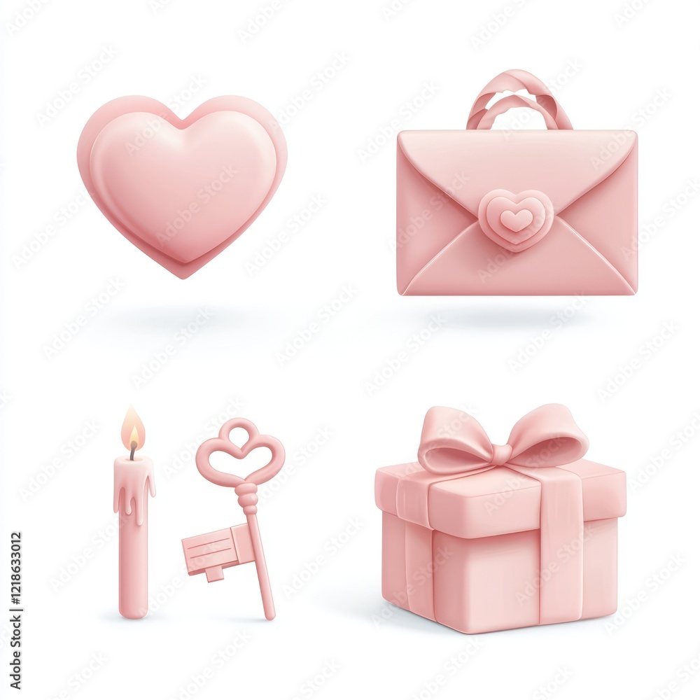 Pink Valentine's Day icons heart, letter, candle, key, gift Pink Valentine's Day icons heart, letter, candle, key, gift