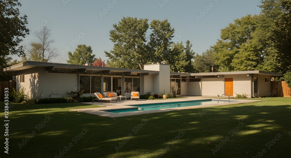 Fototapeta premium Stunning Mid Century Modern Ranch Home with Pool