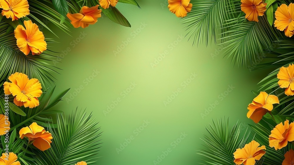 Obraz premium Marigold flowers yellow tropical concept. A vibrant floral frame featuring yellow hibiscus flowers and lush green leaves on a soft gradient background.