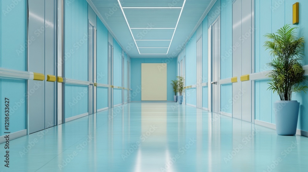 Fototapeta premium 3D Rendering of a Modern Office Corridor Interior with a Blank Wall for Custom Artwork or Signage
