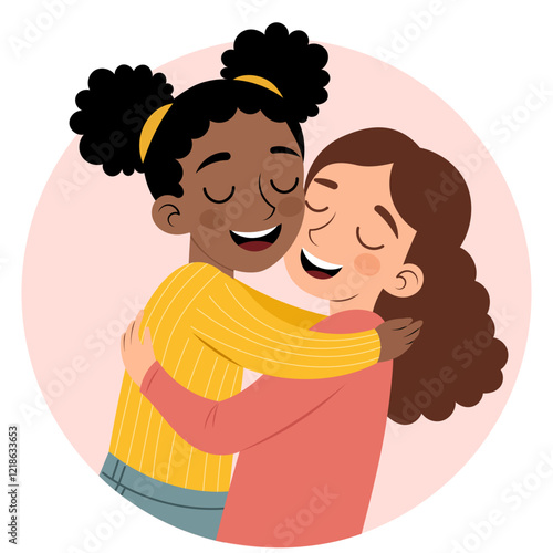 Two friends embracing in a warm hug, smiling joyfully. love friend