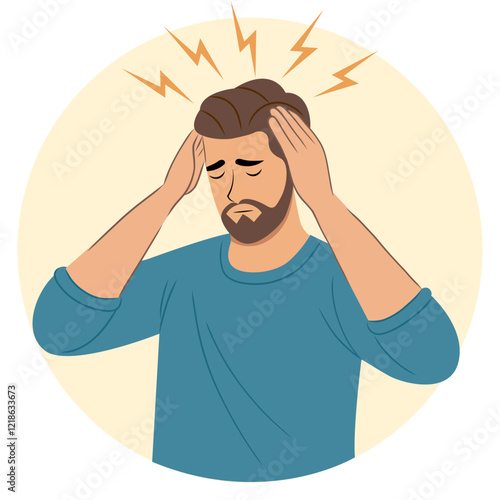 Man have a headache. The art style is flat vector