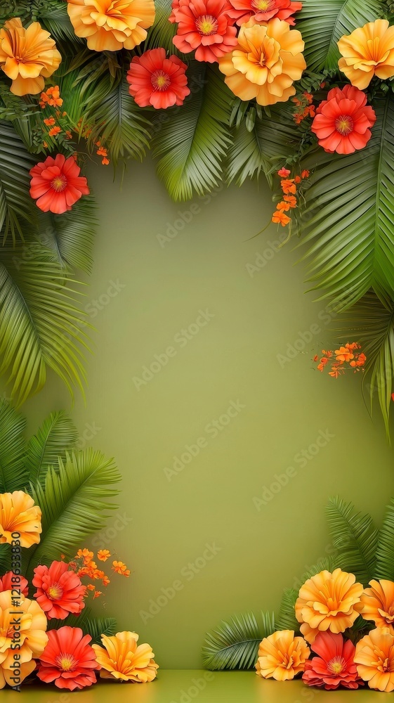 Obraz premium Marigold flowers yellow tropical concept. A vibrant floral frame featuring orange and yellow flowers surrounded by lush green leaves against a soft green background.