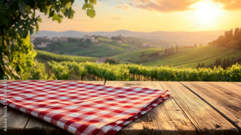 Rustic Vineyard Picnic Table Sunset Scene Rustic Vineyard Picnic Table Sunset Scene
