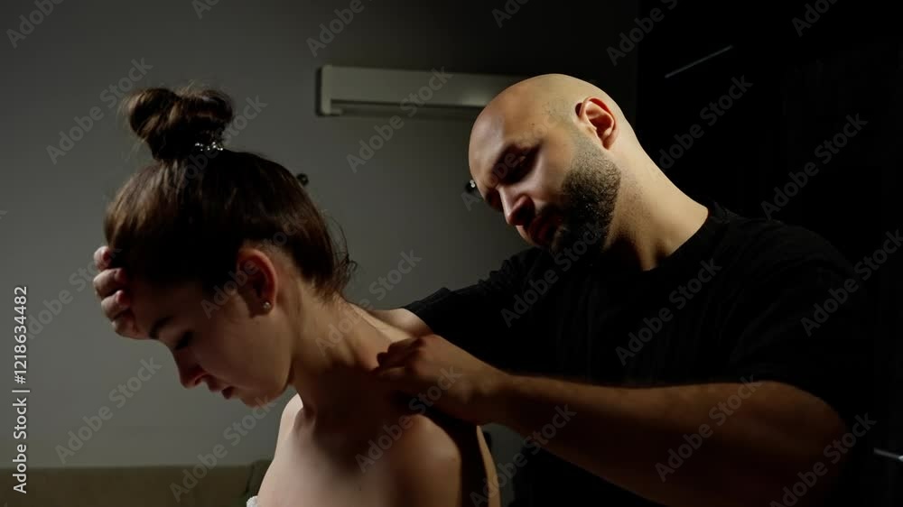 Professional osteopath manipulating patient's trapezius muscle, targeting tension and delivering precise manual therapy for effective pain management during treatment session