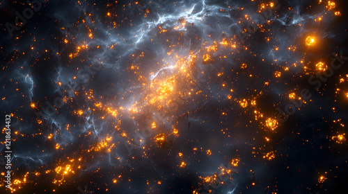 An abstract molecular cloud simulation, with hundreds of interconnected glowing nodes in a dark, starry space-like environment, during a cutting-edge scientific study