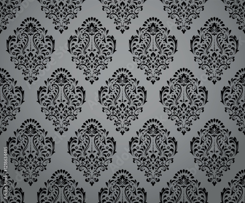 Wallpaper in the style of Baroque. Seamless vector background. Gray and black floral ornament. Graphic pattern for fabric, wallpaper, packaging. Ornate Damask flower ornament
