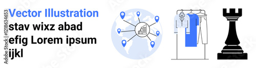 Network globe with location pins, closet with clothes, and chess rook. Ideal for connectivity, fashion, strategy, business planning, technology organization spatial positioning. Landing page