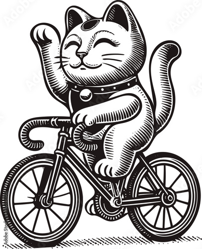 cat maneki neko figurine rides bicycle engraving style hand drawn vector