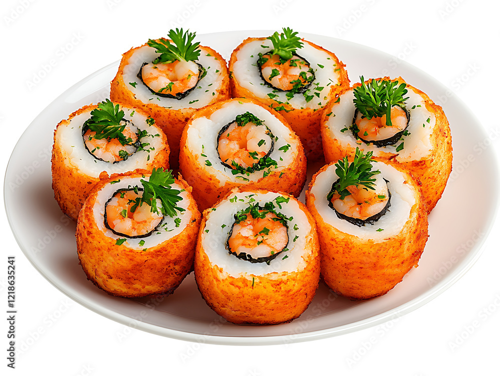 Crispy shrimp sushi rolls japanese cuisine food photography indoor setting close-up shot Crispy shrimp sushi rolls japanese cuisine food photography indoor setting close-up shot
