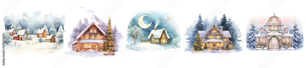 Naklejka premium PNG Charming snowy winter cabins, element set on transparent background