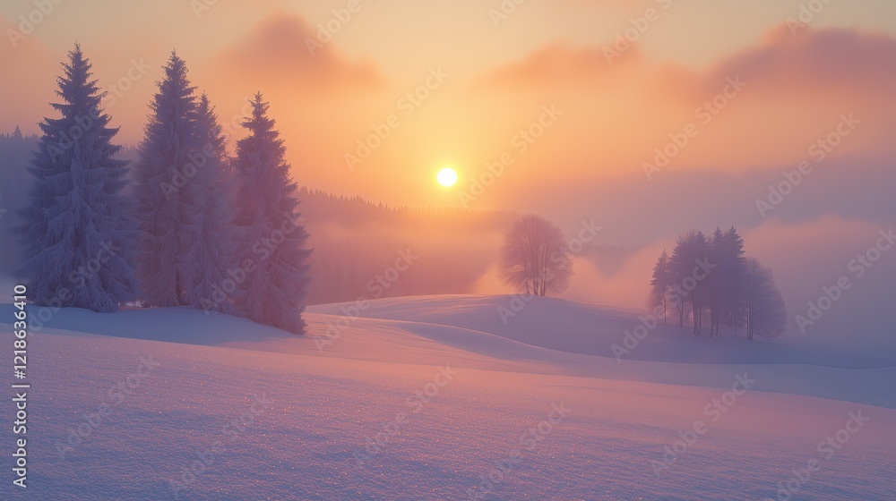Winter sunset over a snow-covered hill with trees in the distance generated AI Winter sunset over a snow-covered hill with trees in the distance generated AI