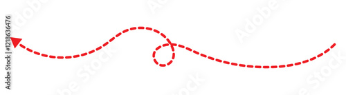 long dotted arrow icon vector illustration. Set of long Red dashed arrows on white background. Dashed lines. Direction, way or pointer. Red hand drawn wavy curve dotted arrow icon vector.