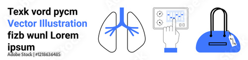Diagram of human lungs, hand interacting with a medical touchscreen interface, and a blue handbag with a tag. Ideal for healthcare, technology, shopping, medicine, education, e-commerce fashion