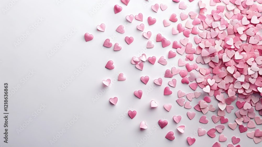 Delicate pink heart confetti scattered on a white background with a subtle texture Delicate pink heart confetti scattered on a white background with a subtle texture