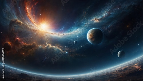 A spherical panorama of a galactic environment with swirling clouds of gas and faint cosmic light