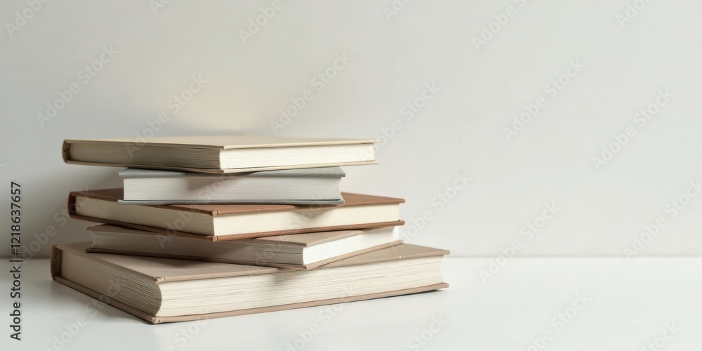 A Stack of Neutral-Toned Books Resting on a White Surface A Stack of Neutral-Toned Books Resting on a White Surface