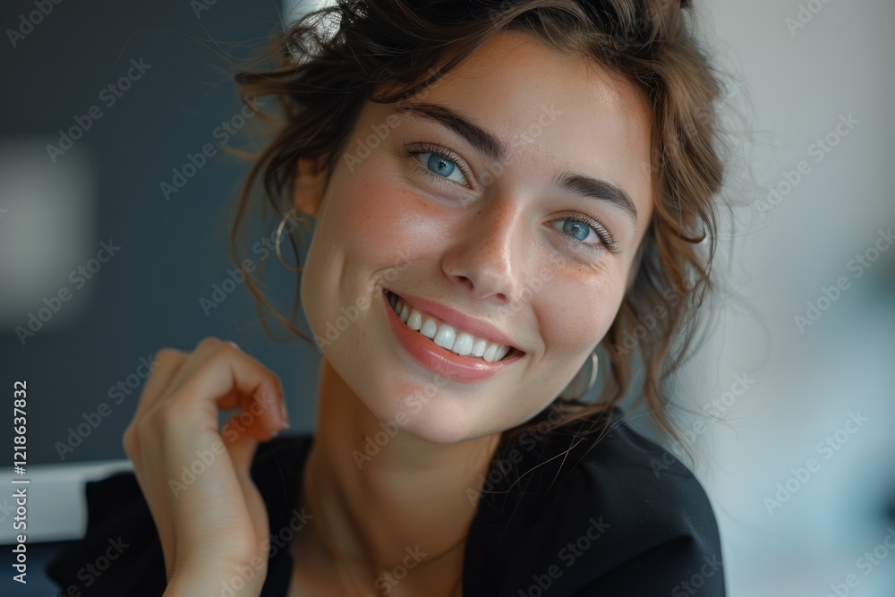 Smiling young woman indoors, soft lighting. Neural network AI generated Smiling young woman indoors, soft lighting. Neural network AI generated