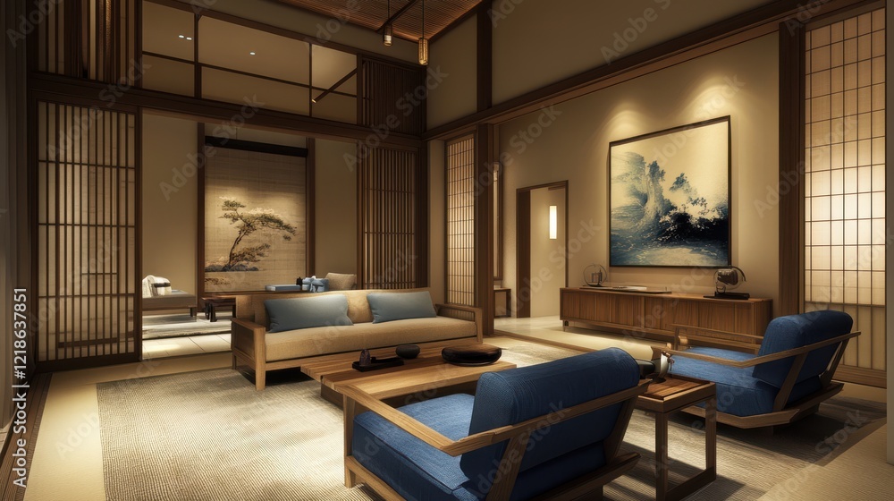 Fototapeta premium A Serene, Minimalist Japanese-Style Living Room, Bathed In Warm, Ambient Light. Wooden Furniture And Shoji Screens Create A Tranquil Atmosphere.