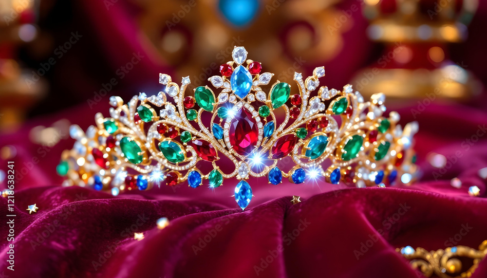 Naklejka premium A radiant ruby-studded tiara surrounded by shimmering gemstones, set against a deep crimson background with golden accents